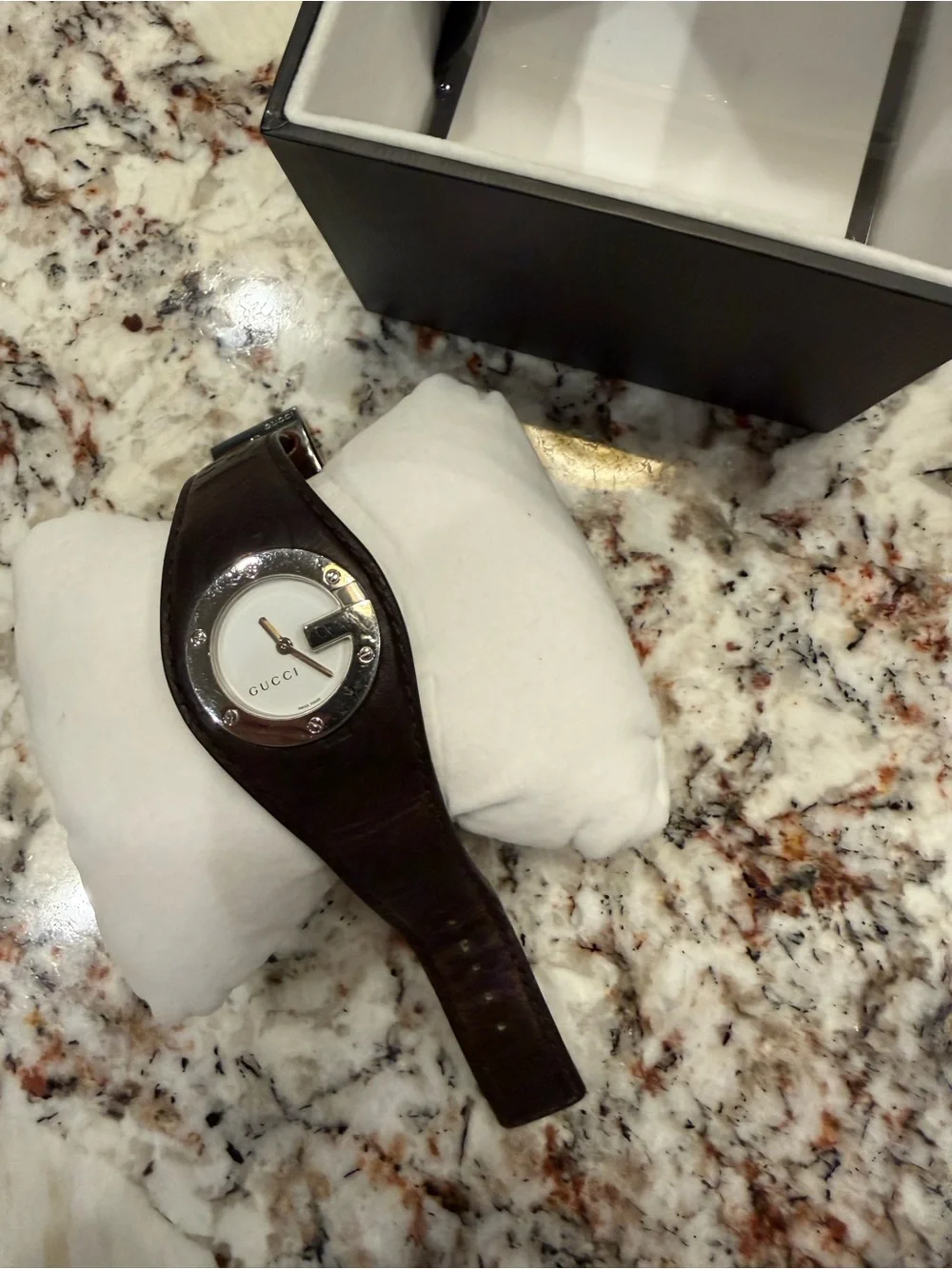 Gucci Women's Dark Brown Leather Strap Watch with Silver-Tone Bezel